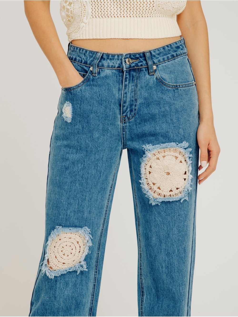 Torn by Ronny Kobo Janis Jean Medium Blue Straight with Crochet